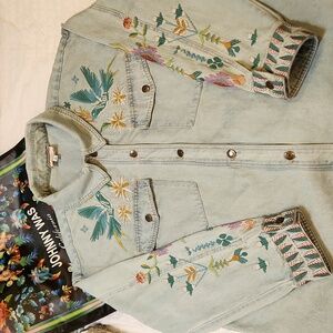 Johnny Was Denim Jean Jacket Oversized Shirt Embroidered Button Front XL Vintage